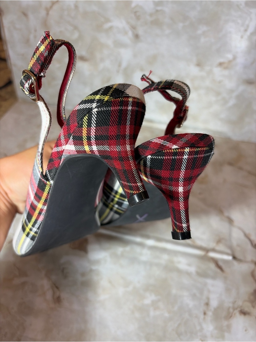 Isaac Mizrahi New York Plaid Slingback Heels Size 8.5 Red Tartan - Picture 5 of 5